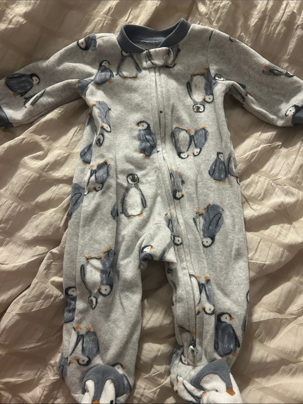 Carter's Light Gray Penguin Print Fleece Footed One-Piece